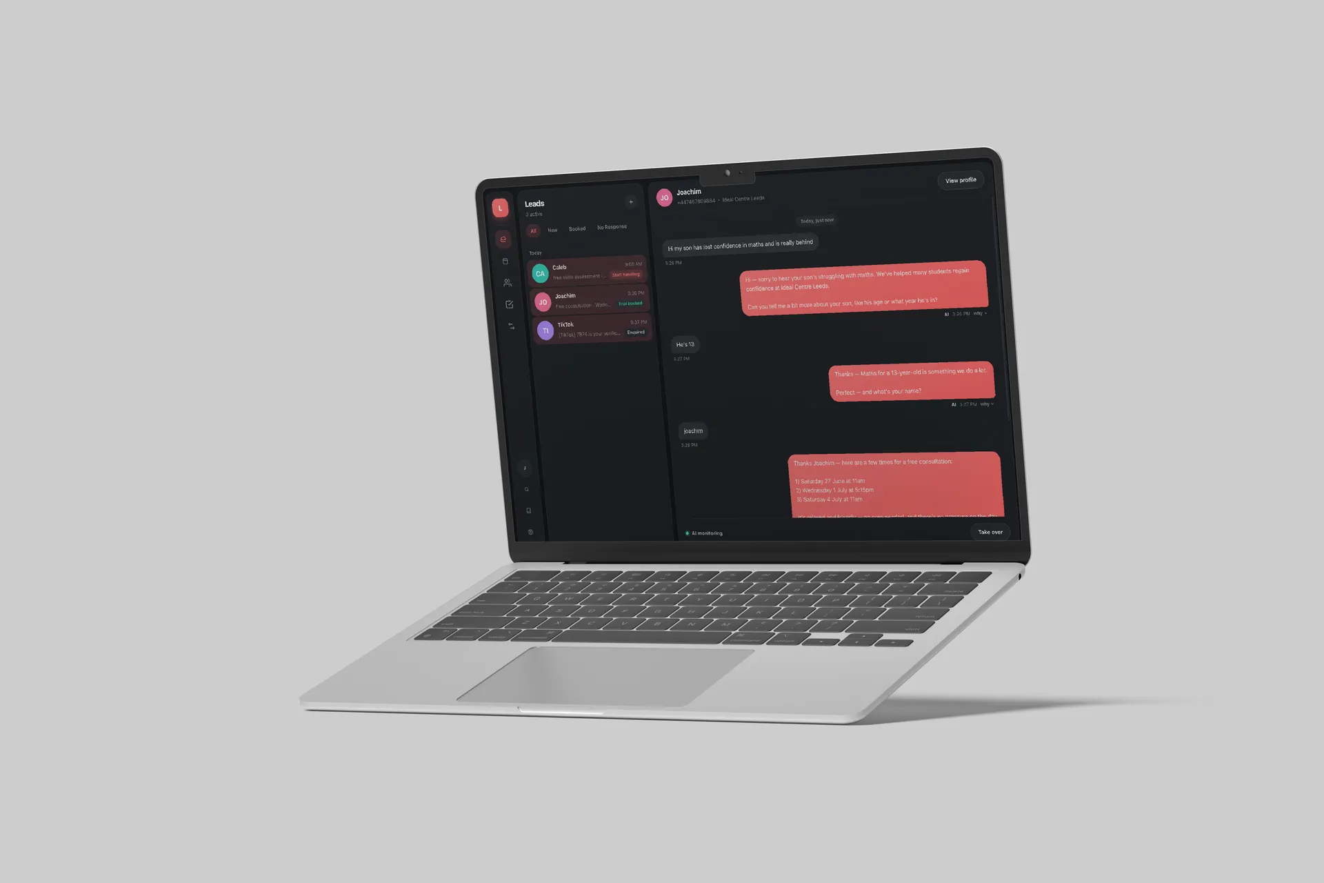 The Anthem operations portal showing leads, messaging and payment reconciliation on a laptop