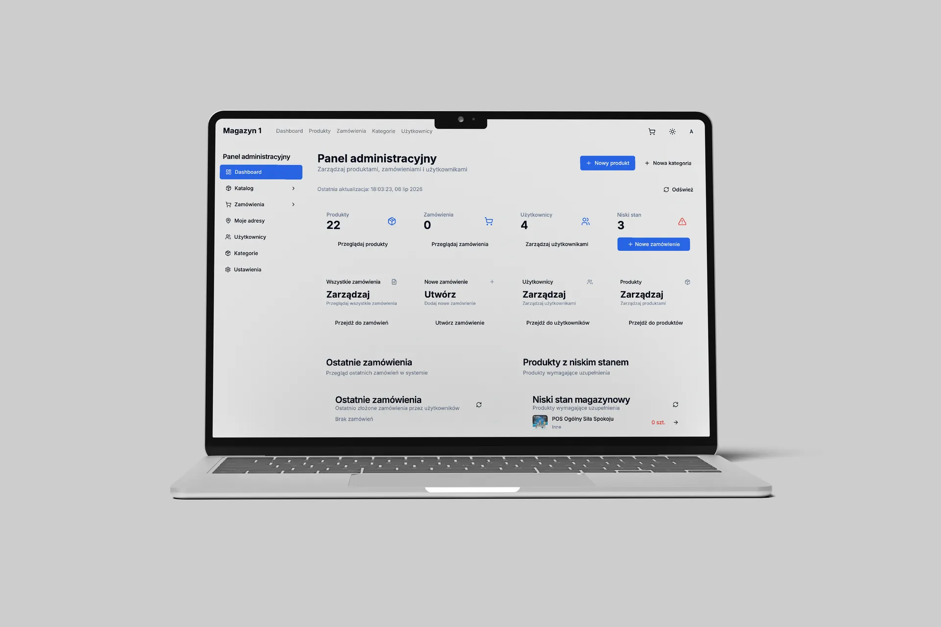 Beko PL warehouse management admin dashboard on a laptop