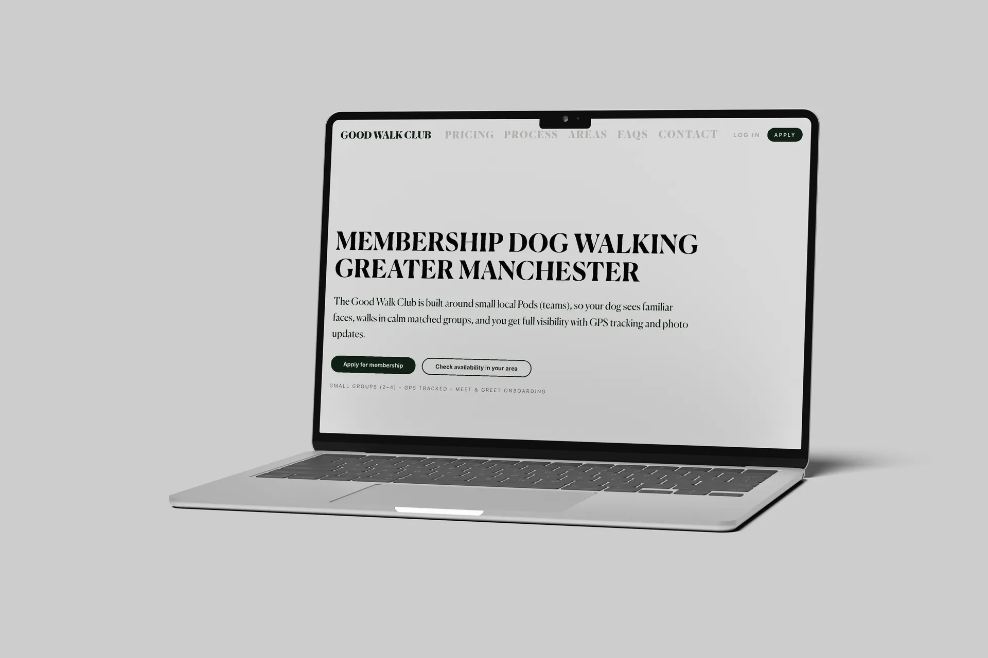 Good Walk Club membership dog walking website shown on a laptop