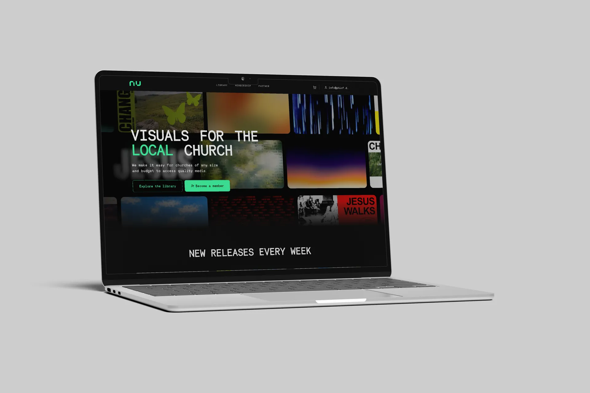 New Vision Media subscription library for church visuals, shown on a laptop