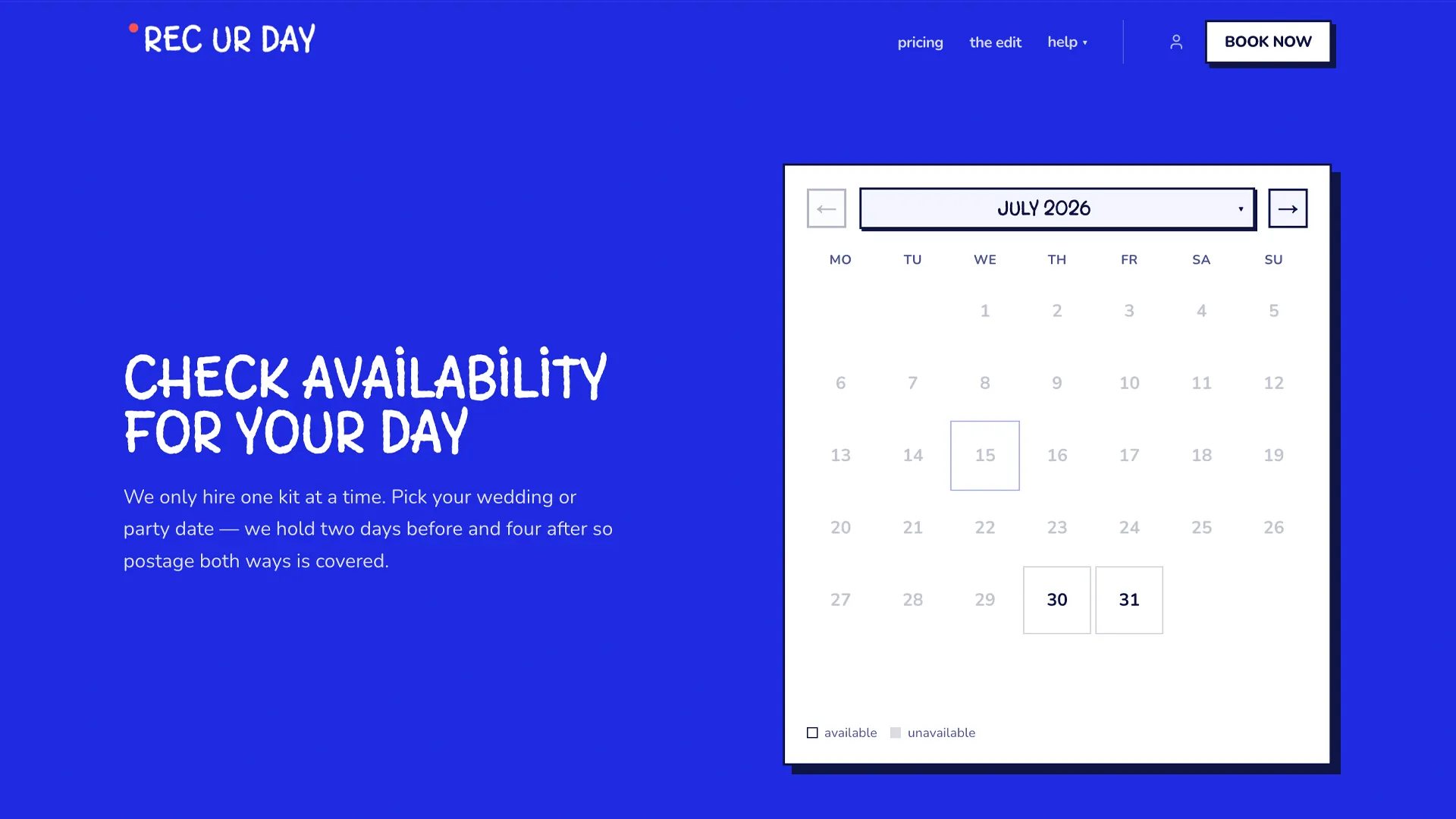 Rec Ur Day — hire availability calendar with postage windows