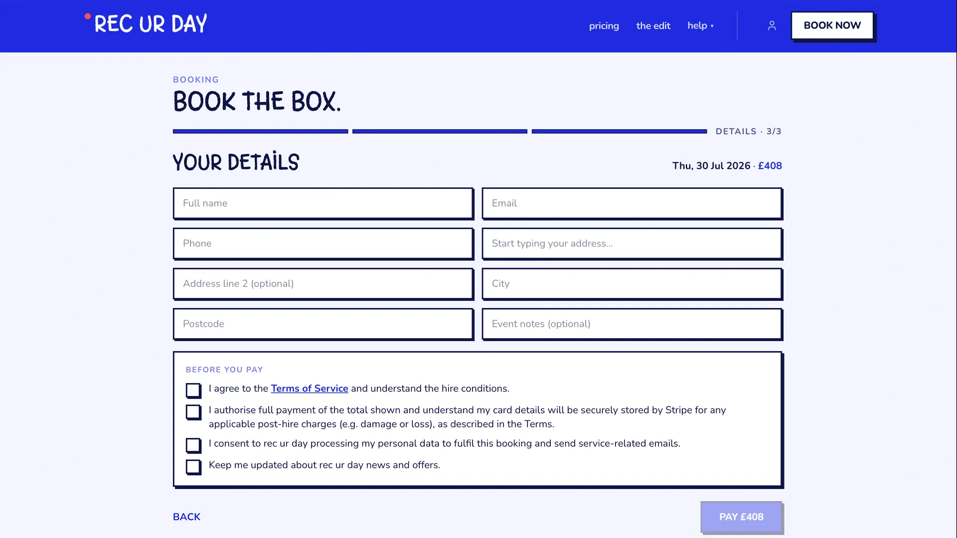 Rec Ur Day — booking details form and Stripe payment step