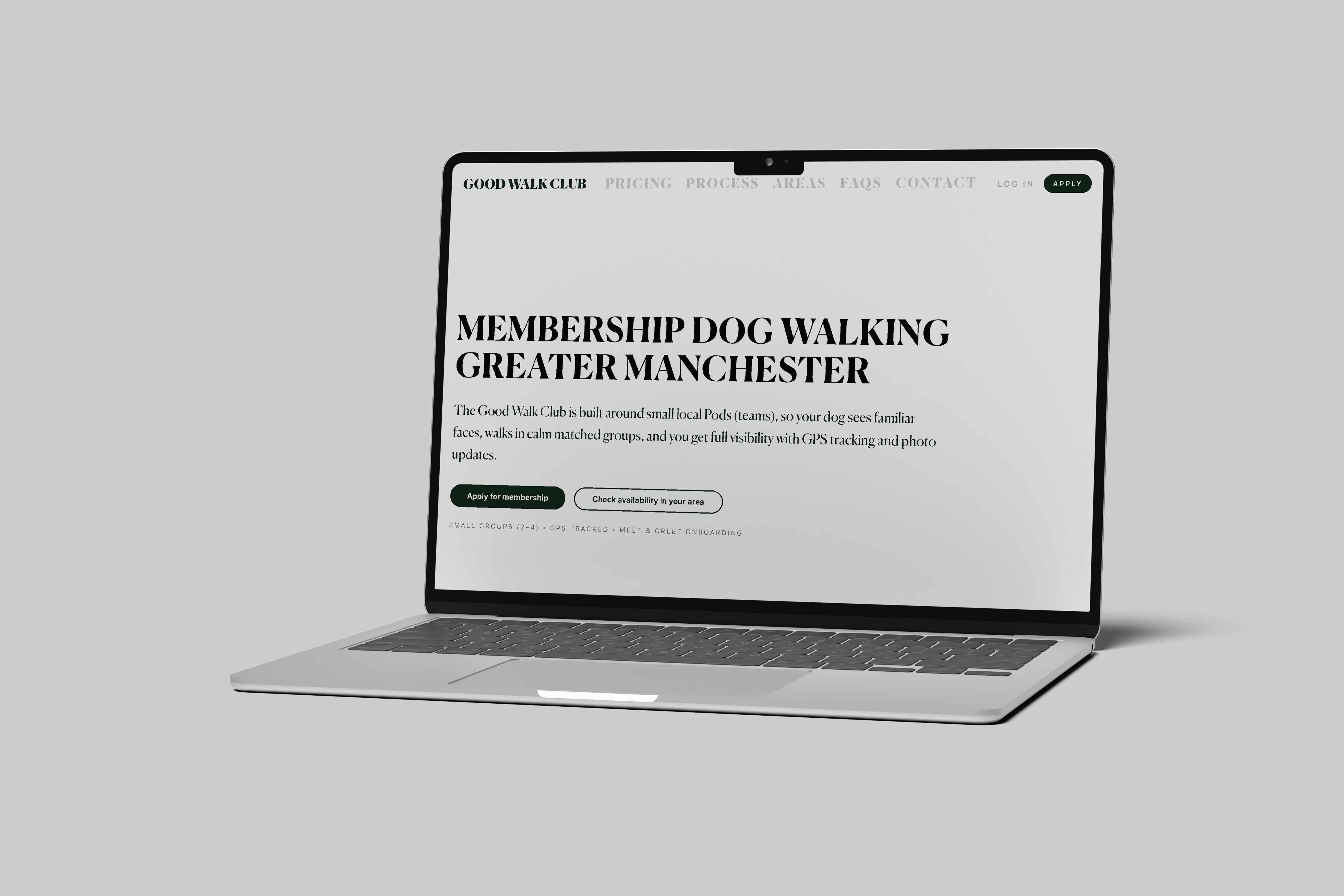 Good Walk Club membership dog walking website shown on a laptop